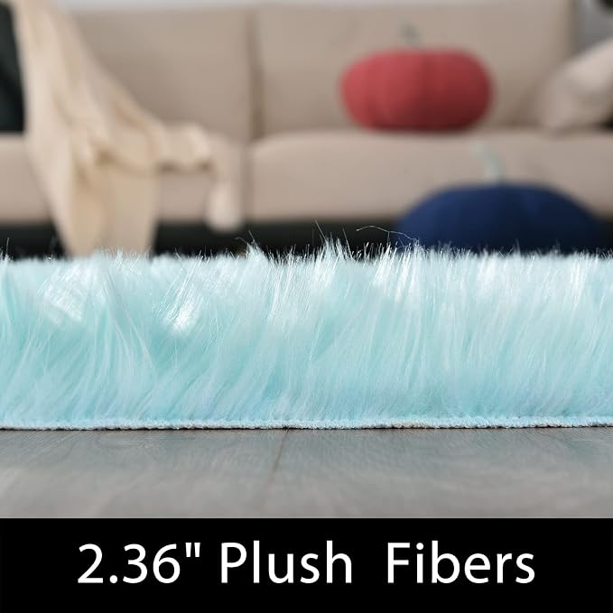 Latepis Light Blue Shaggy Rugs for Bedroom 3x4 Faux Sheepskin Rug Teal Fur Rug - Image 2