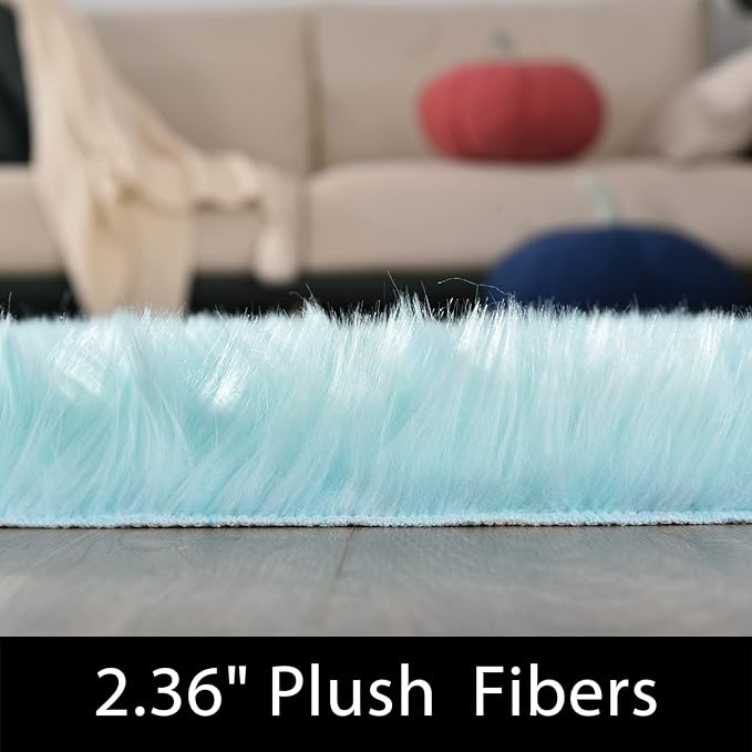 Latepis Blue Fur Circle Round Rugs 4ft Faux Sheepskin Rug Washable Fluffy - Image 2