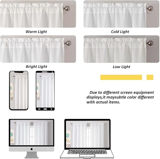 Chyhomenyc 2 Panels White Curtains 24 Inch Length Tier Curtain, Faux Linen - Image 6