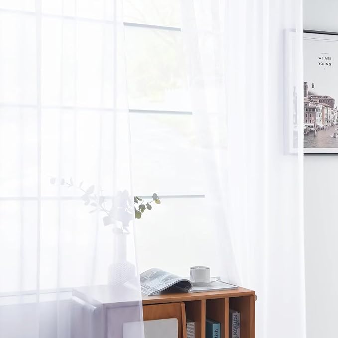 Youleyar Solid Sheer Rod Pocket Curtain Voile Draperies 4 Panels White Beige - Image 4