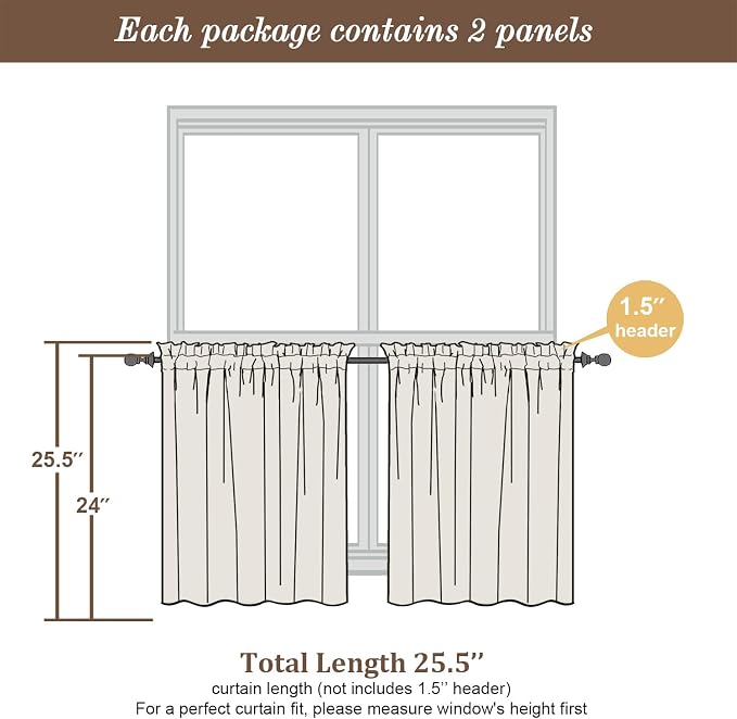Chyhomenyc 2 Panels White Curtains 24 Inch Length Tier Curtain, Faux Linen - Image 5