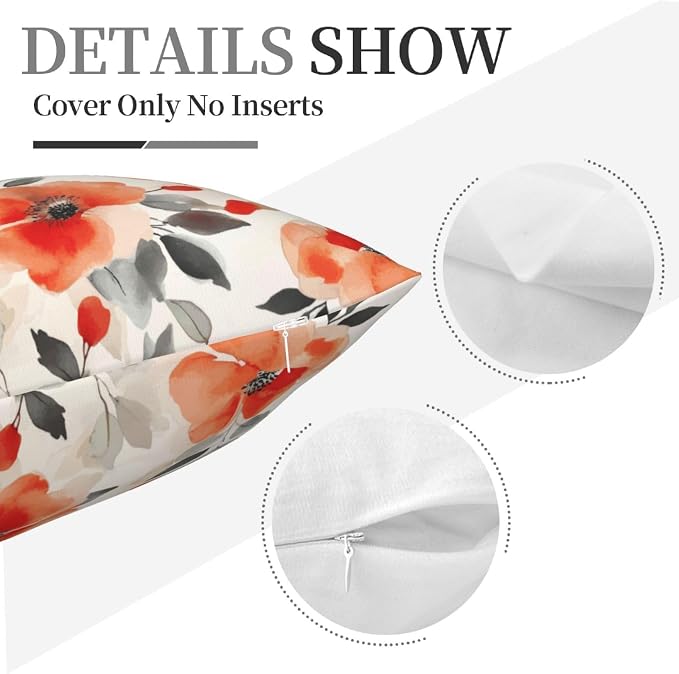 Burnt Orange Watercolor Floral Throw Pillow Covers 18x18 Set of 2, Spring Black - Image 8