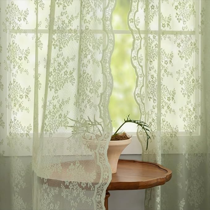 YJ YANJUN Vintage Lace Curtains 90 Inches Long-Victorian Floral Pattern Sage - Image 4