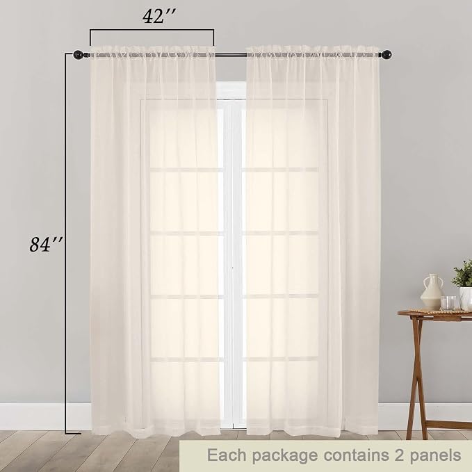 Cream Sheer Curtains 84 Inches Long 2 Panels Set - Image 2