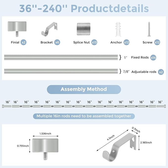 Silver Curtain Rods for Windows 36 to 240 Inch, Size:36-240 Inch - Image 8
