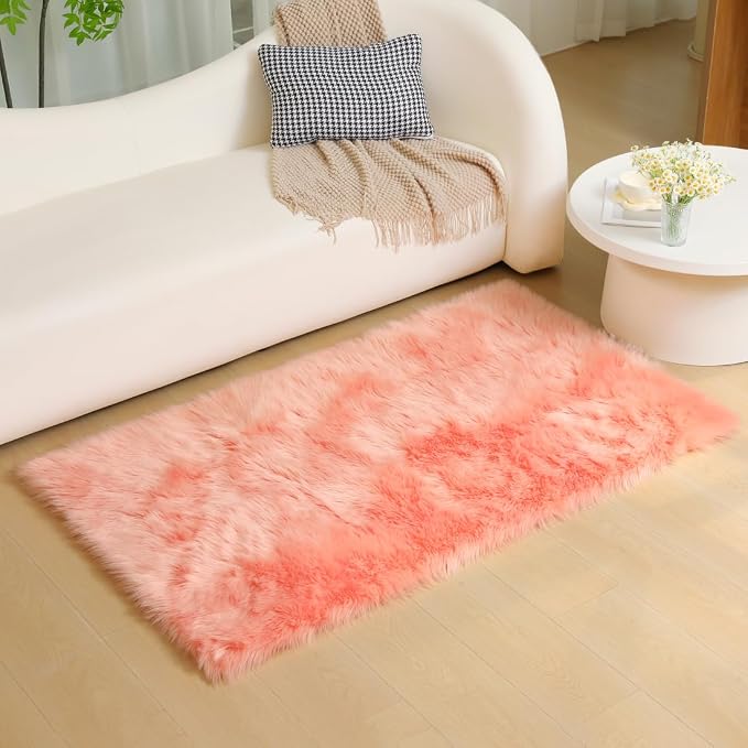 Fluffy Faux Fur Rug Pink Sheepskin Area Rug, 3x5 Ft Ultra Soft Shaggy Plush Rug - Image 3