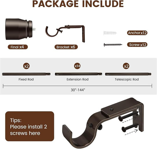 2 PACK 1” Diameter brown curtain rod Itself is 30 to 144 inch. 1 Pack Fits - Image 2