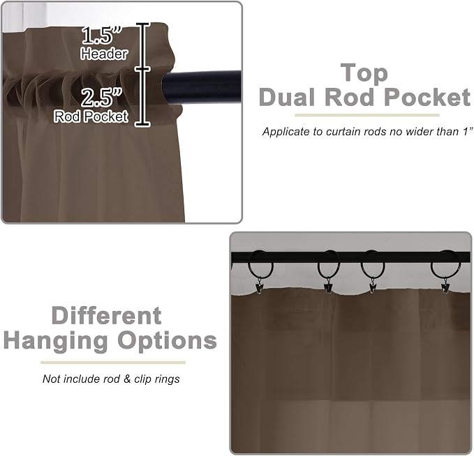 Kitchen Curtains 24 Inch Length Tier 2 Pieces, Chocolate Sheer Curtain Solid - Image 4
