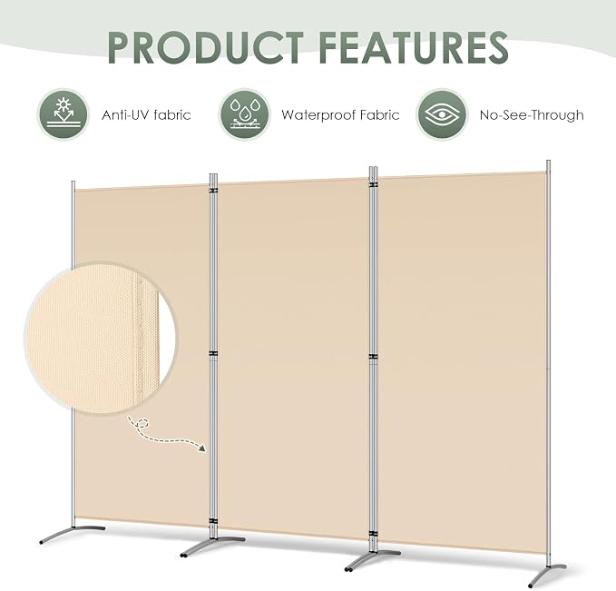 RANTILA 3 Panel Room Divider, 6 Ft Tall Folding Privacy Screen Freestanding - Image 3