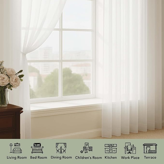 OWENIE Extra Long Ivory Sheer Curtains 144 inch 2 Panels Set, Translucent - Image 3