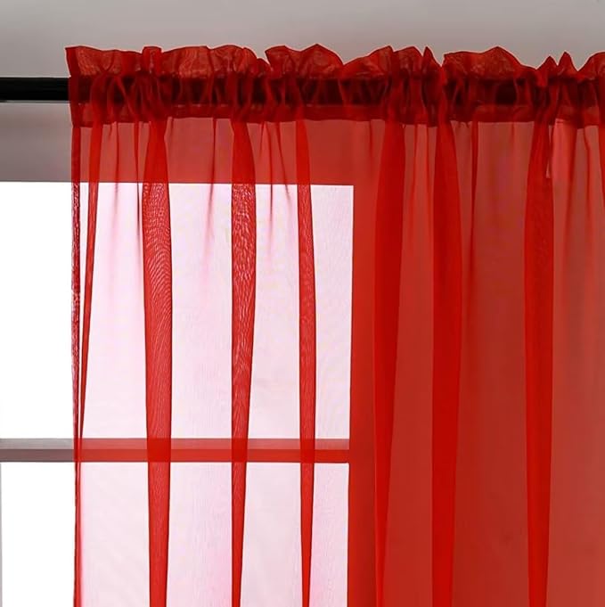 SpaceDresser Sheer Red Curtains 4 Panels Rod Pocket Semi-Sheer Curtain 96 - Image 3