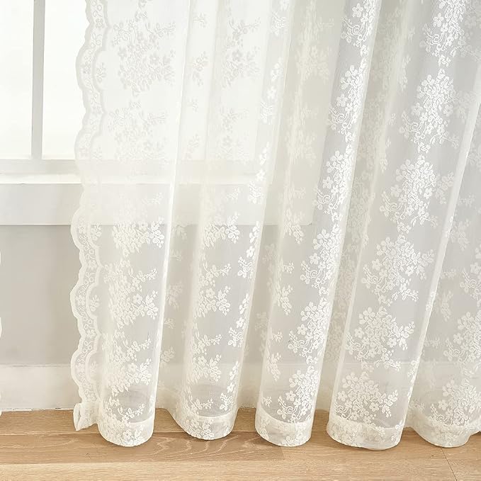 YJ YANJUN Vintage Lace Curtains 54 Inch Length- Victorian Floral Pattern Ivory - Image 3