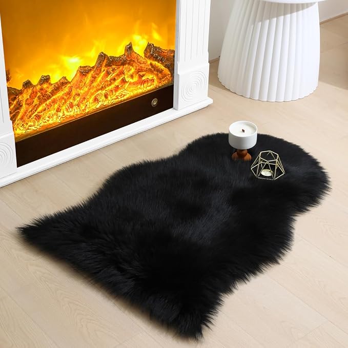 Faux Fur Small Rug 2 x 3 ft Black Shaggy Sheepskin Machine Washable Fuzzy Area by CKLZSAY