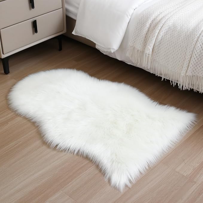 Faux Fur Small Rug 2 x 3 ft White Shaggy Sheepskin Machine Washable Fuzzy Area - Image 3