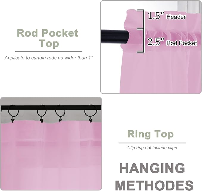 OWENIE Pink Sheer Curtains 72 Inches Long 2 Panels Set, Transparent Voile Sheer - Image 4