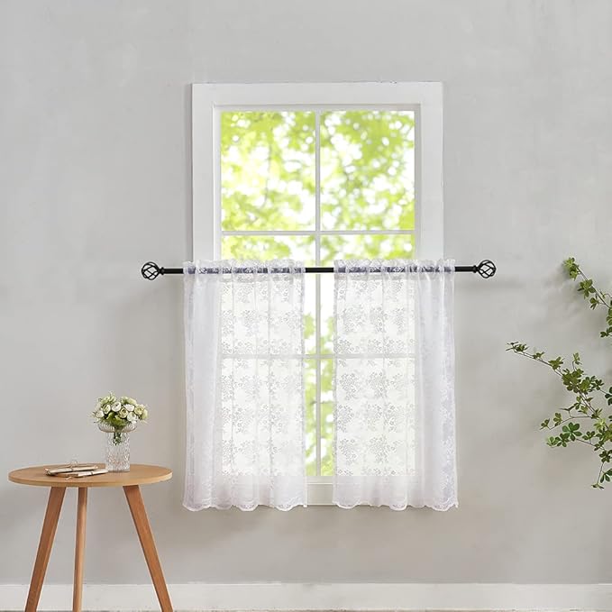 YJ YANJUN Vintage Lace Curtains 36 inch Length Country White Cafe Kitchen Sheer by YJYANJUN