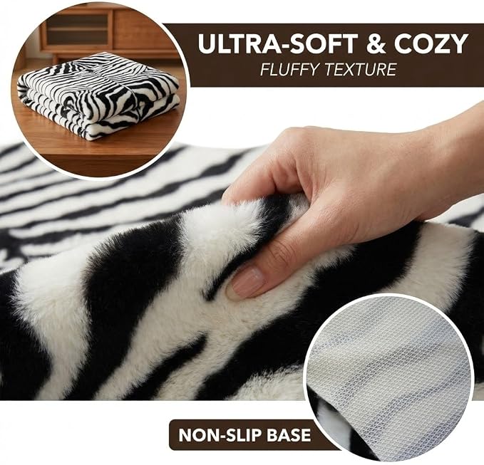 MustMat Faux Zebra Print Area Rug 4'7'' × 5'3'' Cute Soft Black and White - Image 3