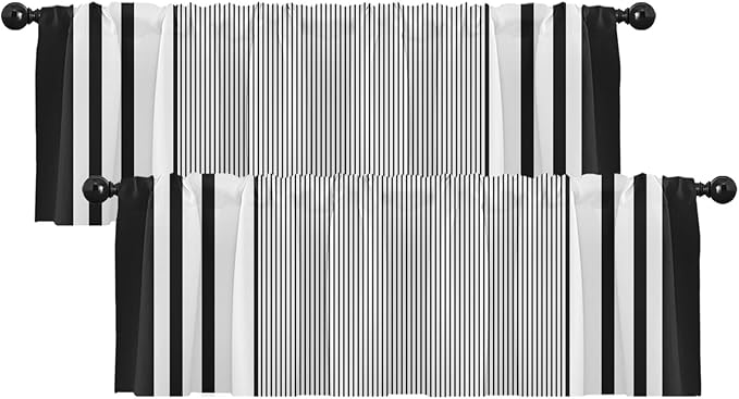Emvency 2 Pack Valances Window Treatments, Striped Geometric Minimalist Black by Emvency