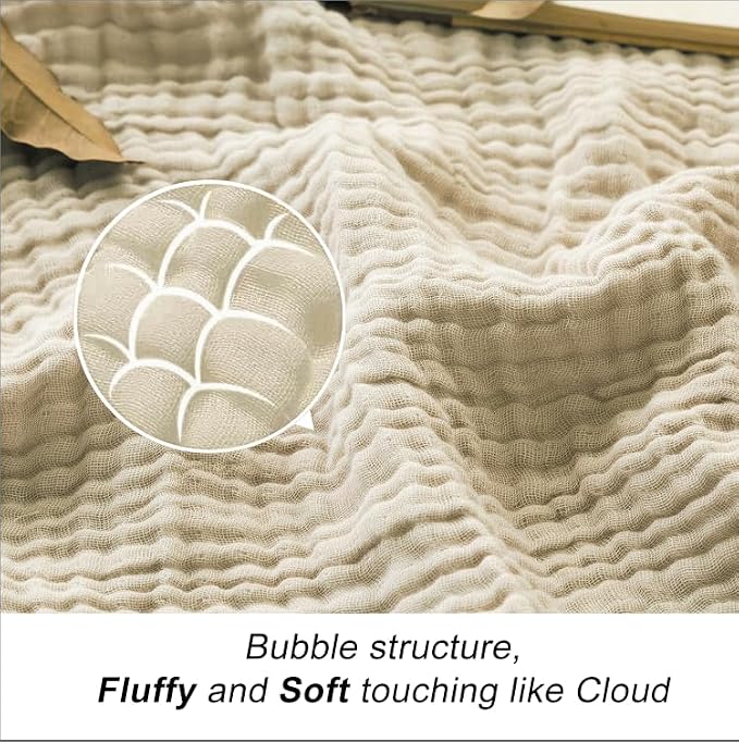 EMME Cotton Blanket King Size for Bed Soft Muslin Blankets 108"x90" Light Tan - Image 3