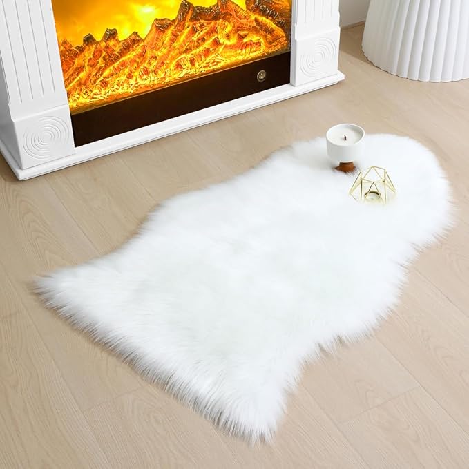 Faux Fur Small Rug 2 x 3 ft White Shaggy Sheepskin Machine Washable Fuzzy Area by CKLZSAY