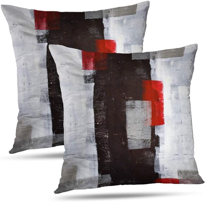 Red and Grey Abstract Art Pillow Cover, Modern Black White Wall Decorative by Alricc