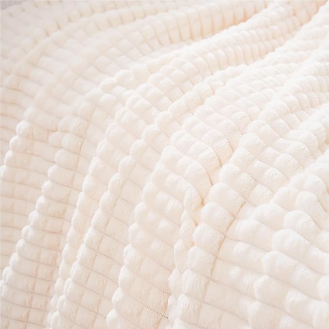 Puncuntex Flannel Fleece Throw Blanket Cream White 90"×90", Super Soft Plush - Image 3
