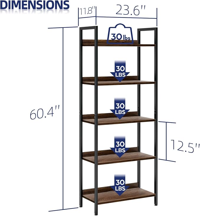 NUMENN Bookshelf, 5 Tier Bookshelves, Home Office Bookcase Shelf Storage - Image 3
