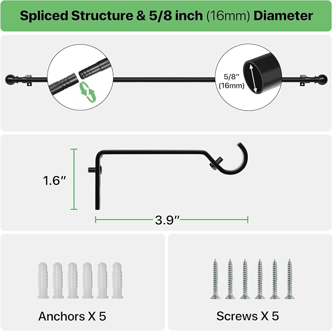2 Pack 28-48 inch Black Metal Wall Mounted Curtain Rod Set - Image 3
