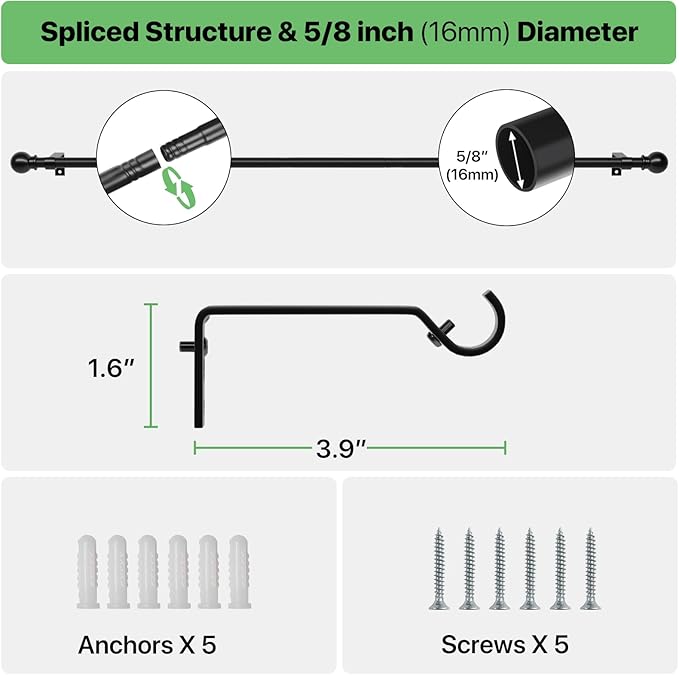 Black Curtain Rods for Windows 66 to 120, Long Curtain Rod for Outdoor Patio - Image 3