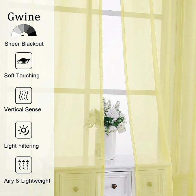Gwine Light Yellow Sheer Curtains 72 Inches Long 2 Panels Set, Light Filtering - Image 2
