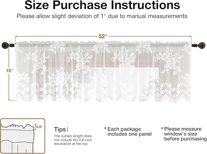 Rinwoc White Lace Semi-Sheer Valance Cafe Curtains – Vintage Floral Lace Tier - Image 2