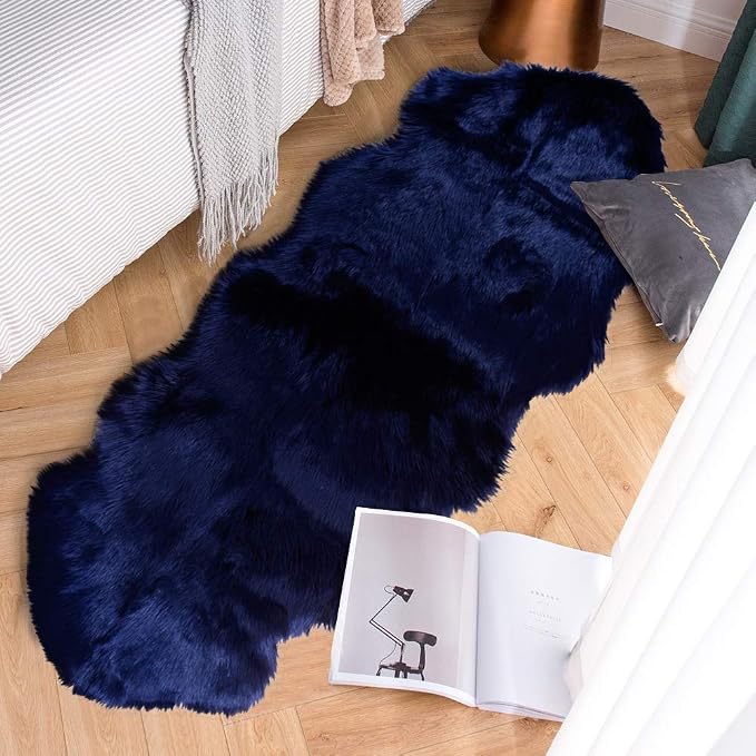 Carvapet 2x6 Luxury Faux Sheepskin Rug – Soft Navy Blue Faux Fur Couch Seat - Image 3