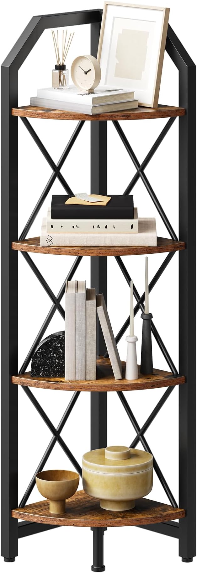 CHOEZON 4-Tier Rustic Brown and Black Corner Shelf, 4-Shelf Industrial Corner - Image 7
