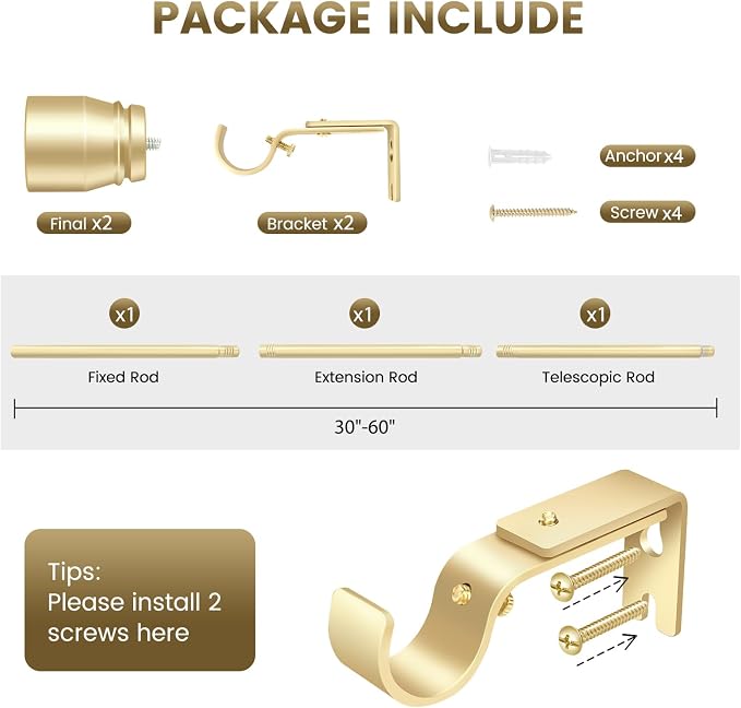 1” Diameter Gold Curtain Rod Itself is 30-60 inch 1 Pack, Fit 30 to 54 Windows - Image 3