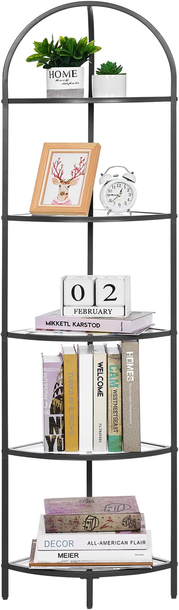 Homhedy 5-Tier Corner Shelf Stand, Metal Corner Bookshelf, Tempered Glass - Image 9