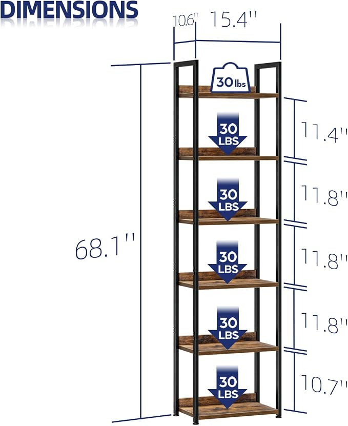 NUMENN Narrow Bookshelf, 6 Tier Bookshelves, Home Office Bookcase Shelf Storage - Image 3