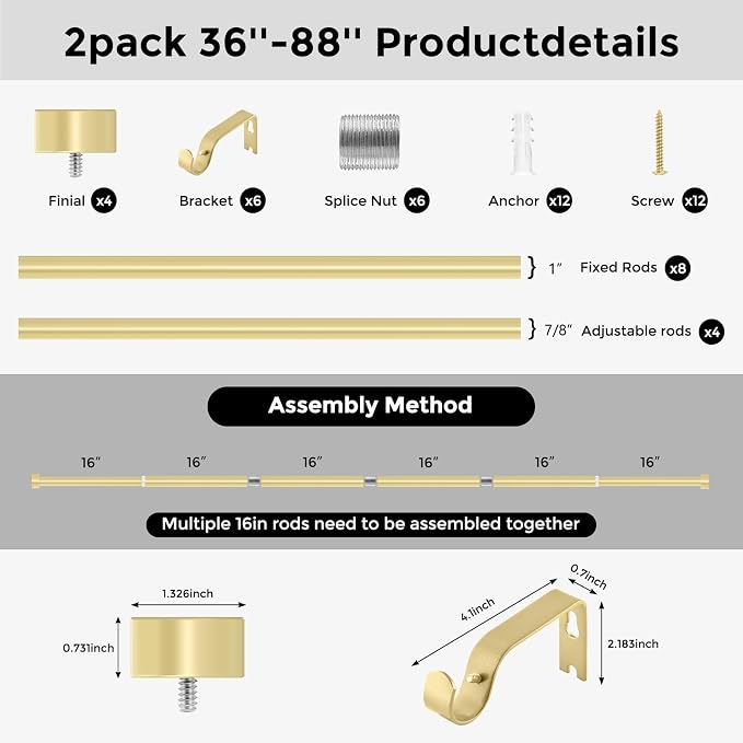 VOIIY 2 Pack Gold Curtain Rods for Windows 48 to 84 Inch, Size:36-88 Inch - Image 8