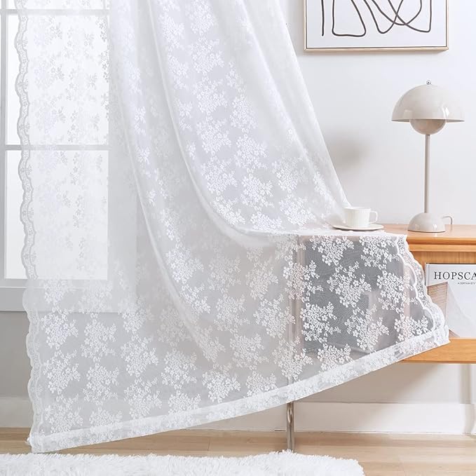 YJ YANJUN Vintage Lace Curtains 63 Inches Length- Elegance Floral White Sheer - Image 4