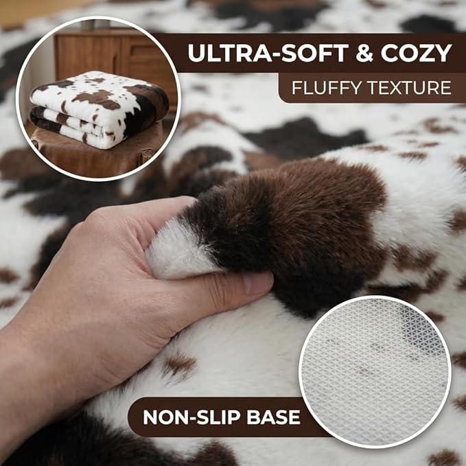 MustMat Brown Faux Cowhide Rug Western Cowboy Cow Print Fur Skin Area Carpet - Image 3