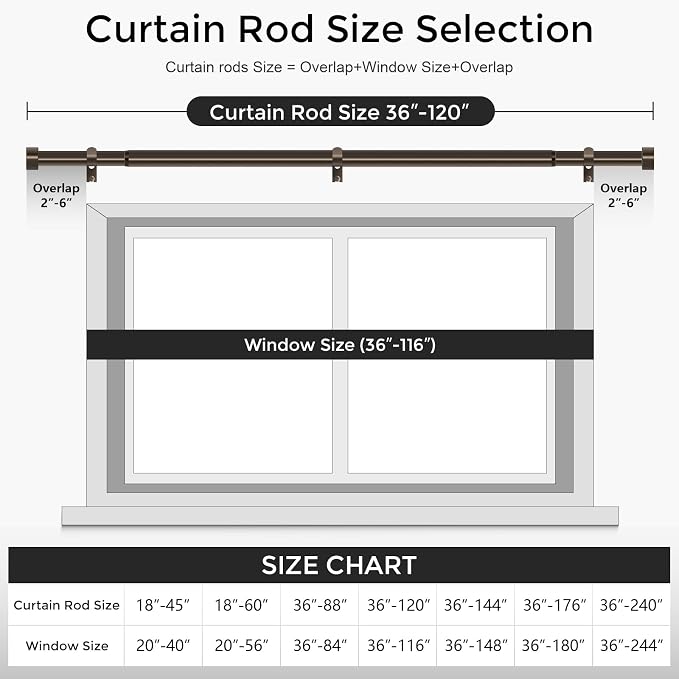 VOIIY Bronze Curtain Rods for Windows 66 to 120 Inch, Size:36-120 Inch - Image 5