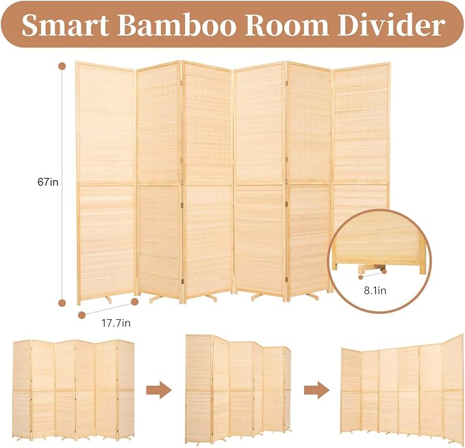 Room Divider Folding Privacy Screens, Hand-Made 67'' High Bamboo Room Dividers - Image 5