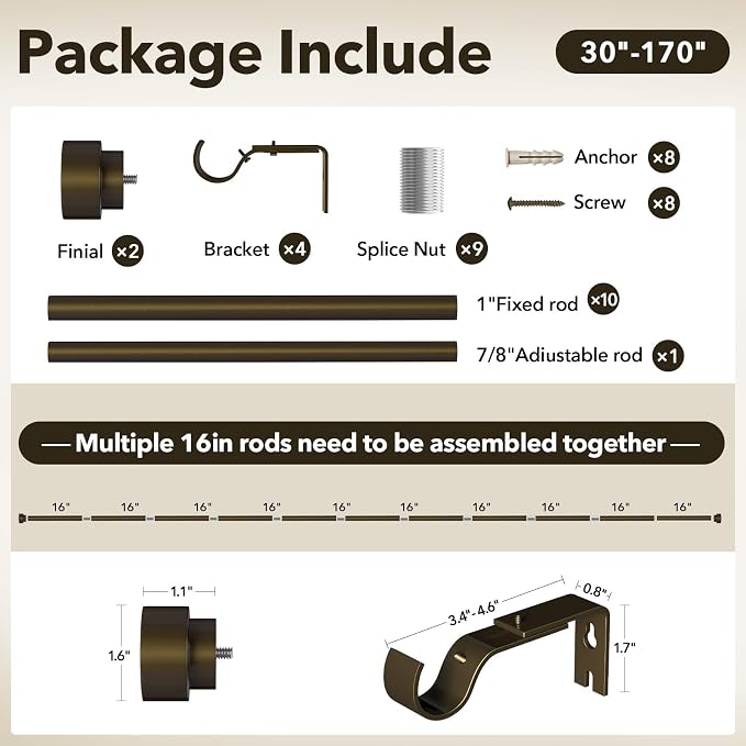 Extra Long Curtain Rods for Windows 32 to 170 Inch, 1 Inch Bronze Heavy Duty - Image 3