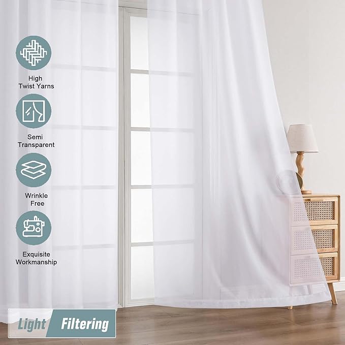 White Sheer Curtains 63 Inch Length 2 Panels, Voile Sheer Curtain - Image 5