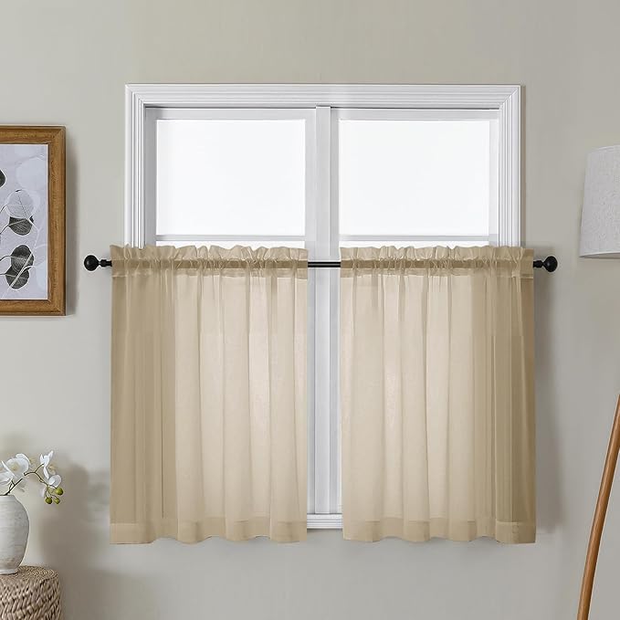Gwine Taupe Sheer Curtains 30 Inch Length, Short Light Filtering Voile Small by Gwine