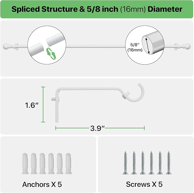 White Curtain Rods for Windows 28 to 60 inch, Adjustable Curtain Rod Set - Image 3