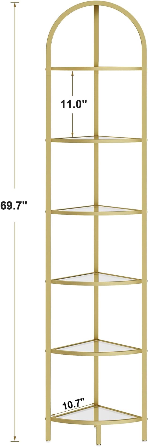 Homhedy 6-Tier Corner Shelf Stand, Metal Corner Bookshelf, Tempered Glass - Image 2