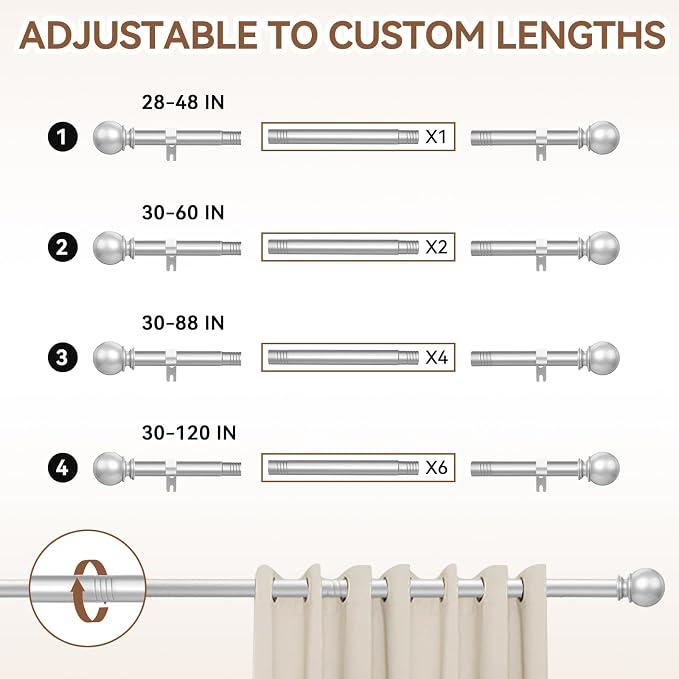 Silver Curtain Rod for Windows 48 to 84 or 88 Inch, 5/8 Inch Diameter - Image 5