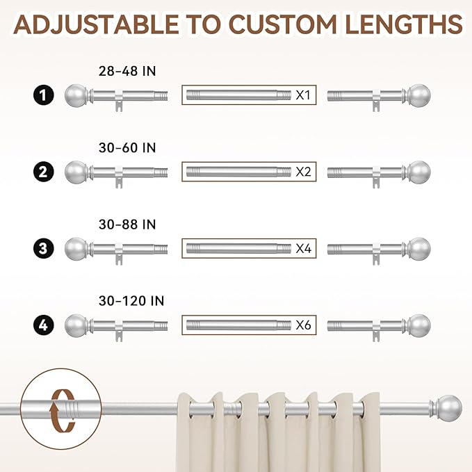 Silver Curtain Rod for Windows 30 to 60 Inch, 5/8 Inch Diameter Adjustable - Image 5