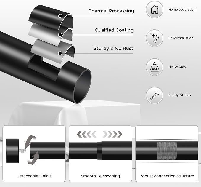 VOIIY Curtain Rods for Windows 66 to 120 Inch, Modern Adjustable Heavy Duty - Image 7