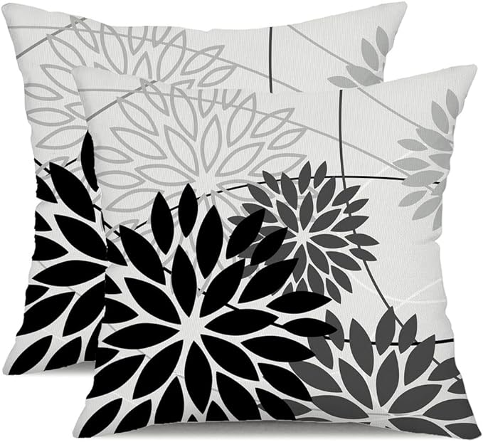 Black Grey Floral Pillow Covers 16x16 Set of 2 Outdoor Waterproof White Colored by DFXSZ
